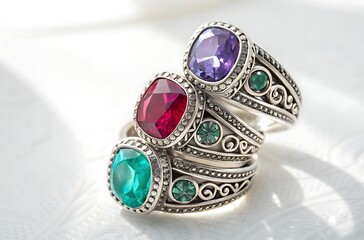 Stacked Silver Rings With Colorful Gemstones jewelry