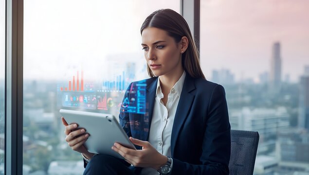 Determined professional businesswoman analyzing futuristic holographic data charts on a tablet - Powered by Adobe