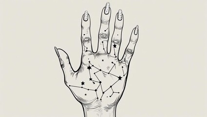 Engraved Palmistry Hand with Dazzling Star Formations and Cosmic Fingernails