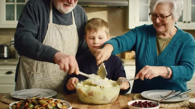 Grandparents and grandson serving mashed potatoes at Thanksgiving dinner