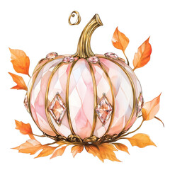 Elegant Watercolor Pumpkin with Jewels and Autumn Leaves