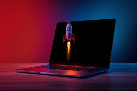 Rocket launching from laptop screen symbolizing startup success and innovation in digital technology business concept on colorful background. Ai generative