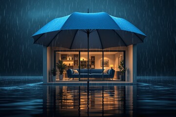 Cozy modern living room protected by large umbrella in heavy rain, symbolizing home safety, comfort, and insurance business concept sheltering life. Ai generative