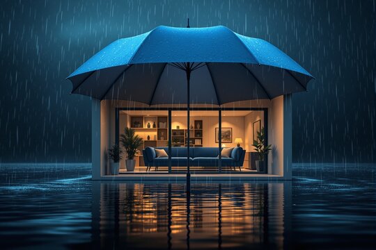 Cozy modern living room protected by large umbrella in heavy rain, symbolizing home safety, comfort, and insurance business concept sheltering life. Ai generative
