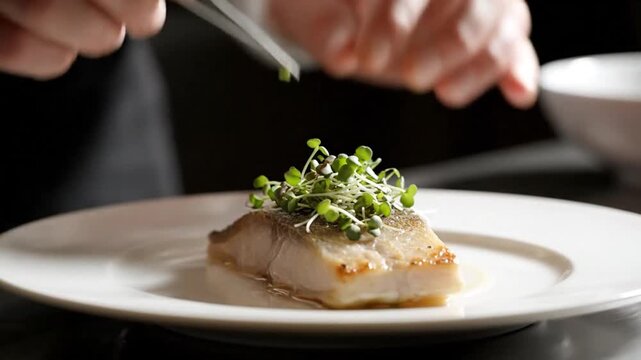 Chef garnishing a fish fillet with microgreens on a plate