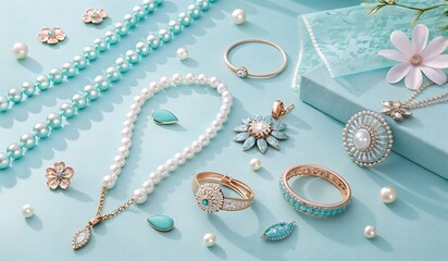 Turquoise and Pearl Jewelry Collection on Light Blue