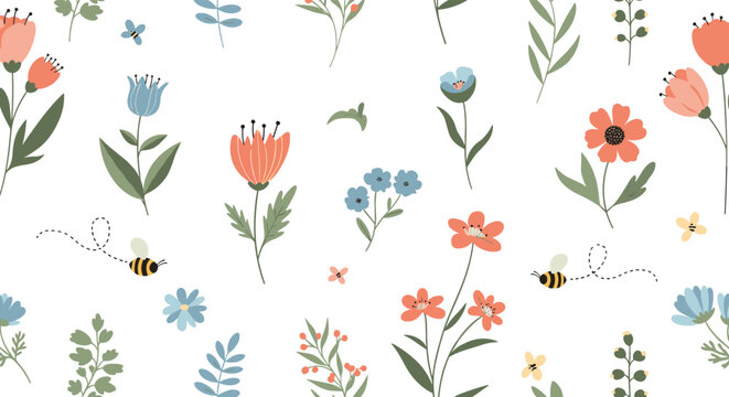 A charming vintage botanical illustration featuring delicate wildflowers and playful bees in a lighthearted scattered pattern.