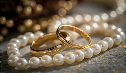 Two Gold Wedding Bands on a Pearl Necklace close field