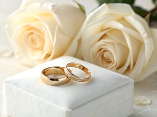 Two gold wedding rings on a white velvet box with white roses