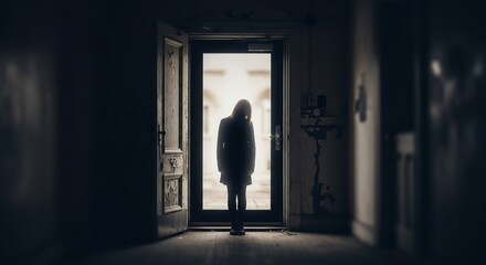 A contemplative young woman stands silhouetted in a dark hallway.