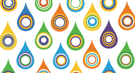 Naklejka premium A vibrant and colorful collection of abstract raindrop shapes with concentric circles in various bright hues.