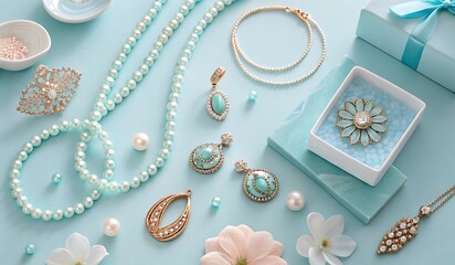 Turquoise and Gold Jewelry Assortment on Blue Background