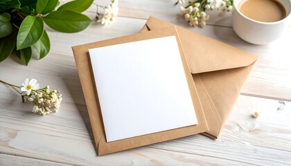 Blank card in kraft envelope on white wood table with flowers
