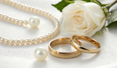 Wedding rings pearl necklace and white rose on white satin