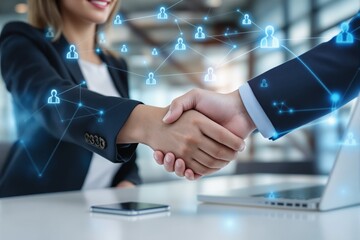 Business professionals handshake with digital network icons symbolizing connection and partnership concept in modern office environment. Ai generative
