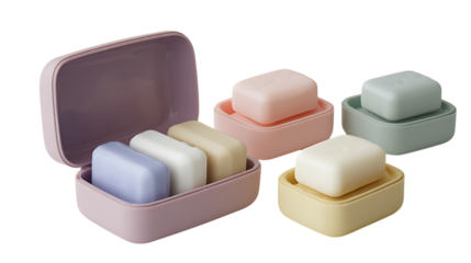 Compact travel soap cases with soaps inside for easy organization and portability isolated on transparent background