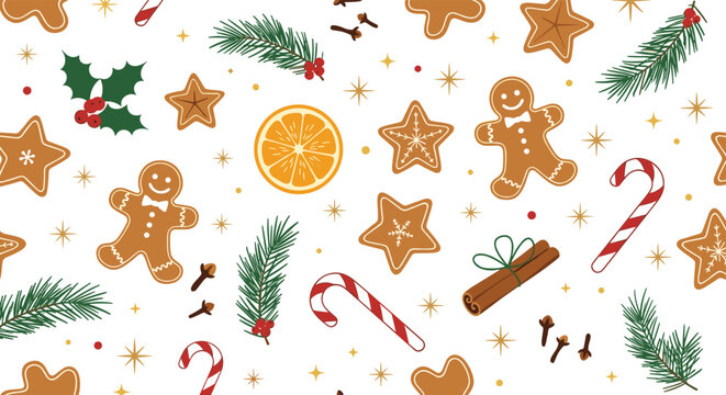 A delightful festive seamless pattern featuring gingerbread cookies candy canes and evergreen branches.