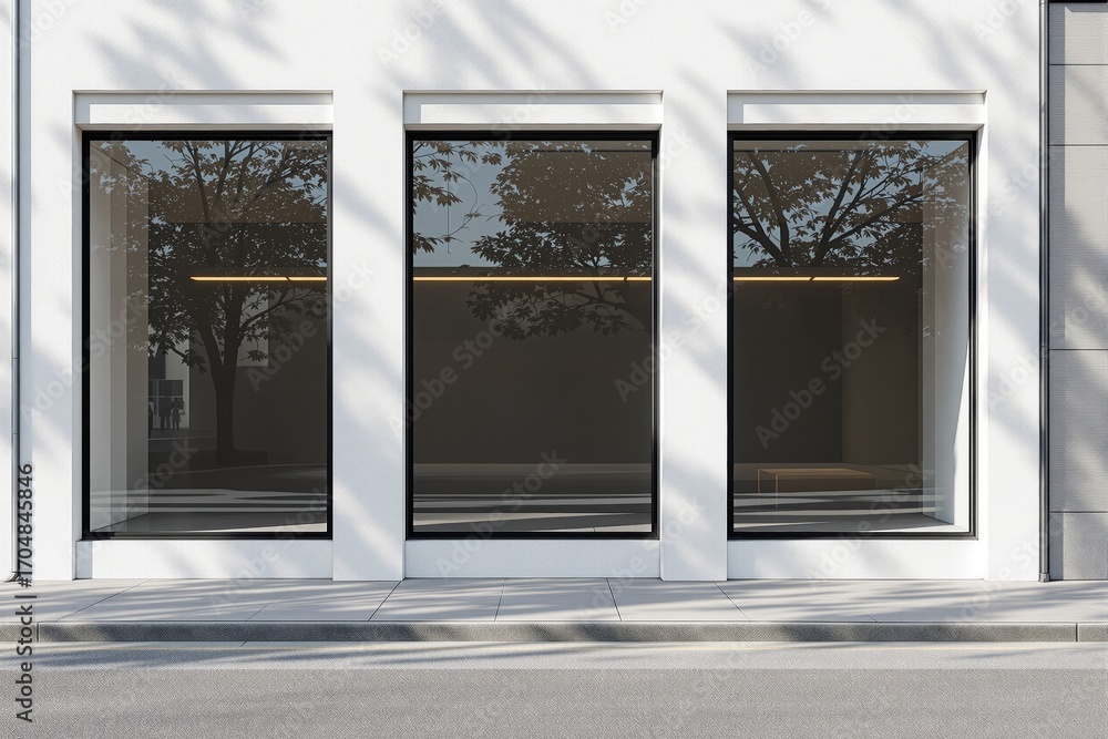 Poster modern empty storefront with large glass windows and white facade casting tree shadows on sidewalk i