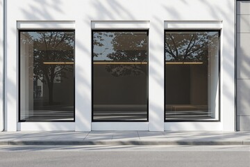 Modern empty storefront with large glass windows and white facade casting tree shadows on sidewalk in clean urban environment. Ai generative. Ai generative