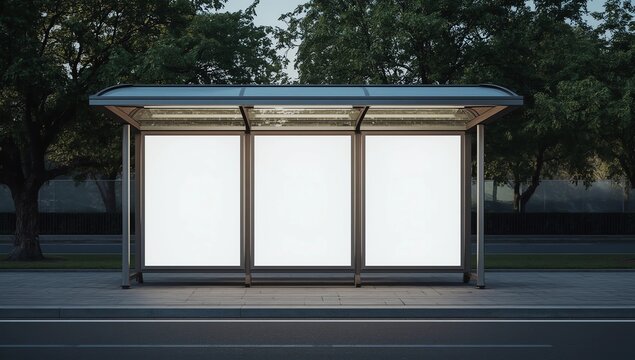 Bus station mockup with 3 empty spaces. Night or dusk time, 3d rendered realistic illustration