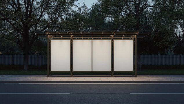 Bus station mockup with 3 empty spaces. Night or dusk time, 3d rendered realistic illustration