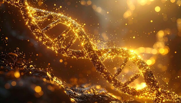 A stunning abstract of the rising price of gold, depicted through shining golden DNA strands and glittering particles. Depicting luxury, investment, wealth, and financial growth