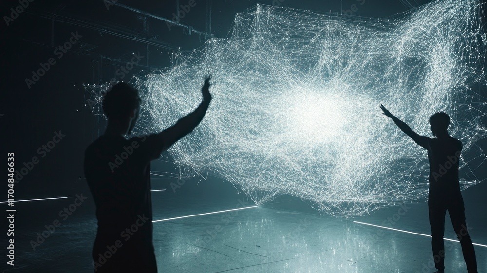 Poster two figures interacting with a digital network