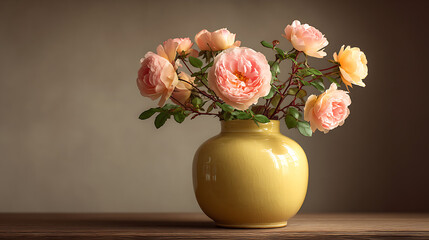 Soft pink roses in a vintage yellow vase on a rustic wooden table