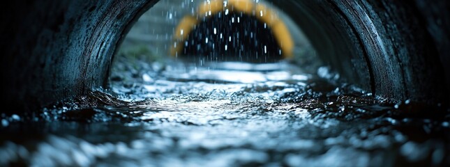 Rain pours down a dark, narrow tunnel, reflecting light and creating a dramatic, wet scene.