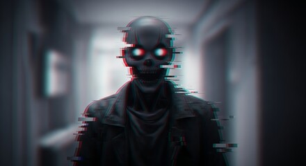 Male skeletal figure with glowing eyes in a dimly lit corridor, eerie atmosphere.