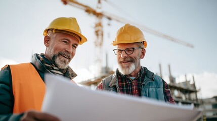 Two mature construction workers in safety gear review architectural blueprints at a building site, symbolizing teamwork and expertise.