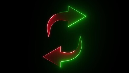 Green and red neon glowing refresh arrows icon on dark background, reload, update, sync and data transfer design. - Powered by Adobe