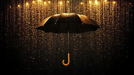 Suspended black umbrella under artificial rain indoors, lit with warm golden studio lights against a pitch-black background