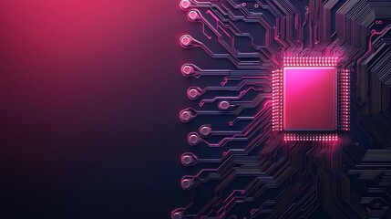 A digital circuit board featuring a central processing unit with intricate lines and a vibrant pink background.