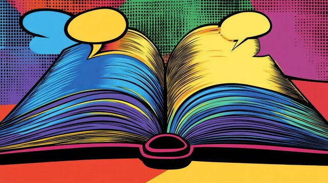 Colorful Open Book with Speech Bubbles