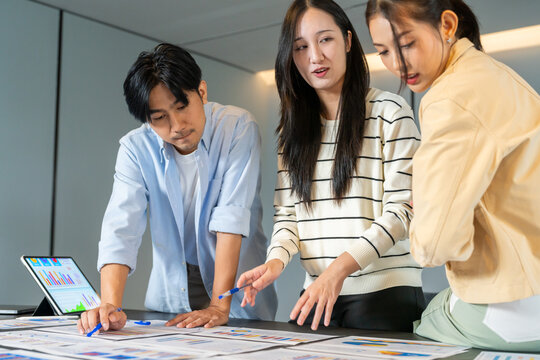 Group of asian business meeting and discussing strategy startup project analysis finance process.Success business people work plan and brainstorm marketing idea in office.Teamwork