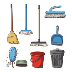 Assorted cleaning tools grouped for chores theme.
