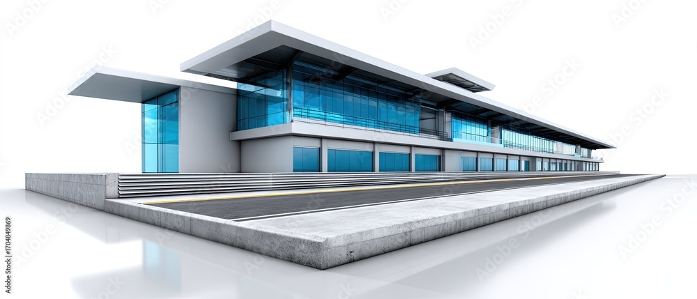 Poster a modern architectural design featuring a sleek building with large glass windows and a minimalist a