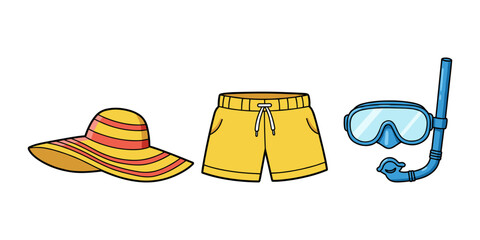 Illustration shows items for beach travel and swim