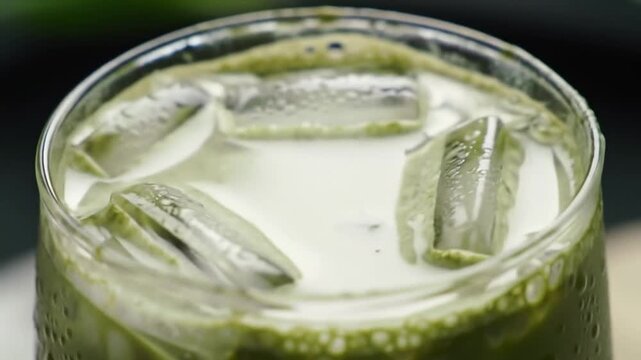Iced matcha latte sits in a glass with ice cubes and milk creating a refreshing and vibrant green drink on a bright table, perfect for a summer afternoon.