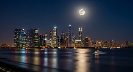 Obraz premium Dubai Skyline at Night with Full Moon.