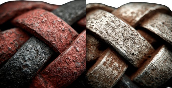 Close-up of interwoven, textured metal bands in red-brown and gray-black