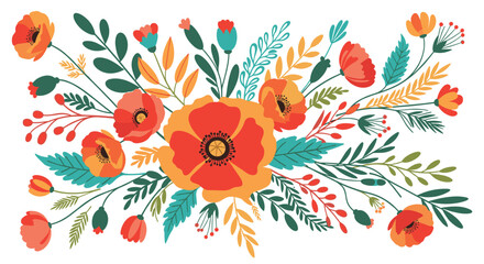 Obraz premium A vibrant arrangement of colorful wildflowers and foliage in a whimsical style.