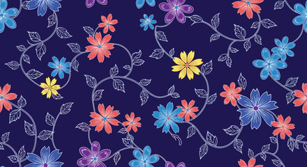 A delightful pattern of colorful small flowers and delicate vines on a deep blue background.