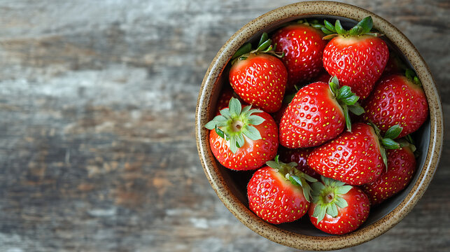 Fresh ripe strawberries in a rustic bowl on a wooden background