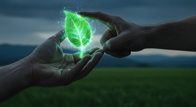 A male hand holding a glowing leaf sprouting energy, symbol of eco-power.