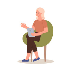 woman sitting in chair using tablet. Flat cartoon style vector illustration isolated on white background