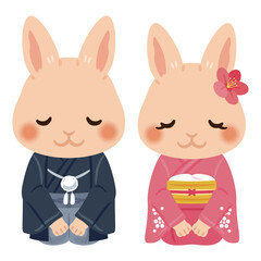 晴れ姿の卯年のキャラクター　男女　お辞儀