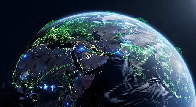 Earth globe view from space, showing city lights and green network connections over continents.