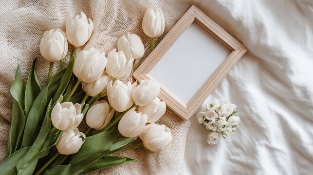 Elegant Tulips and a Wooden Frame: A delicate composition of fresh white tulips and a rustic wooden frame rests gracefully on a soft, textured surface, creating a sense of serene beauty. Genetative Ai